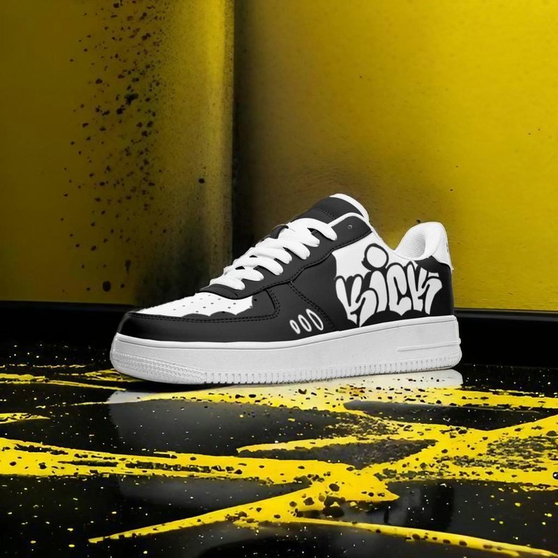 Ασπρόμαυρο sneaker με γκράφιτι γράμματα πάνω σε κίτρινη πιτσιλιά