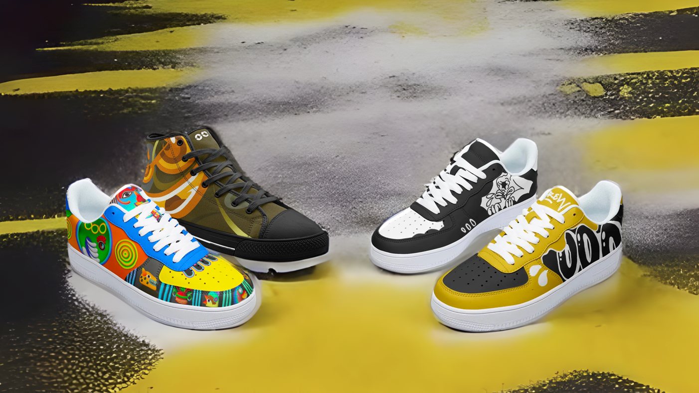 Τρία ζευγάρια sneakers του 000Kicks σε σκηνικό με κίτρινη μπογιά