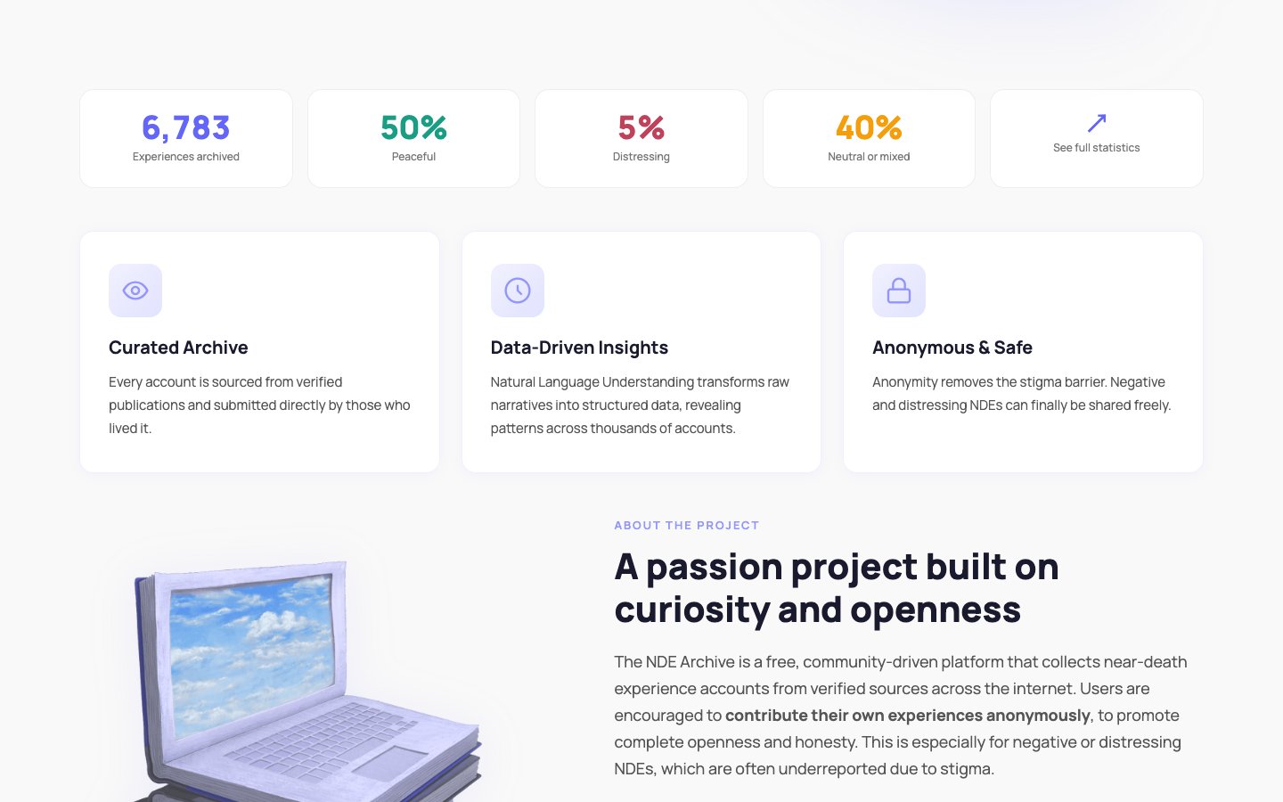 The NDE Archive home page, with the numbers and what the project is about