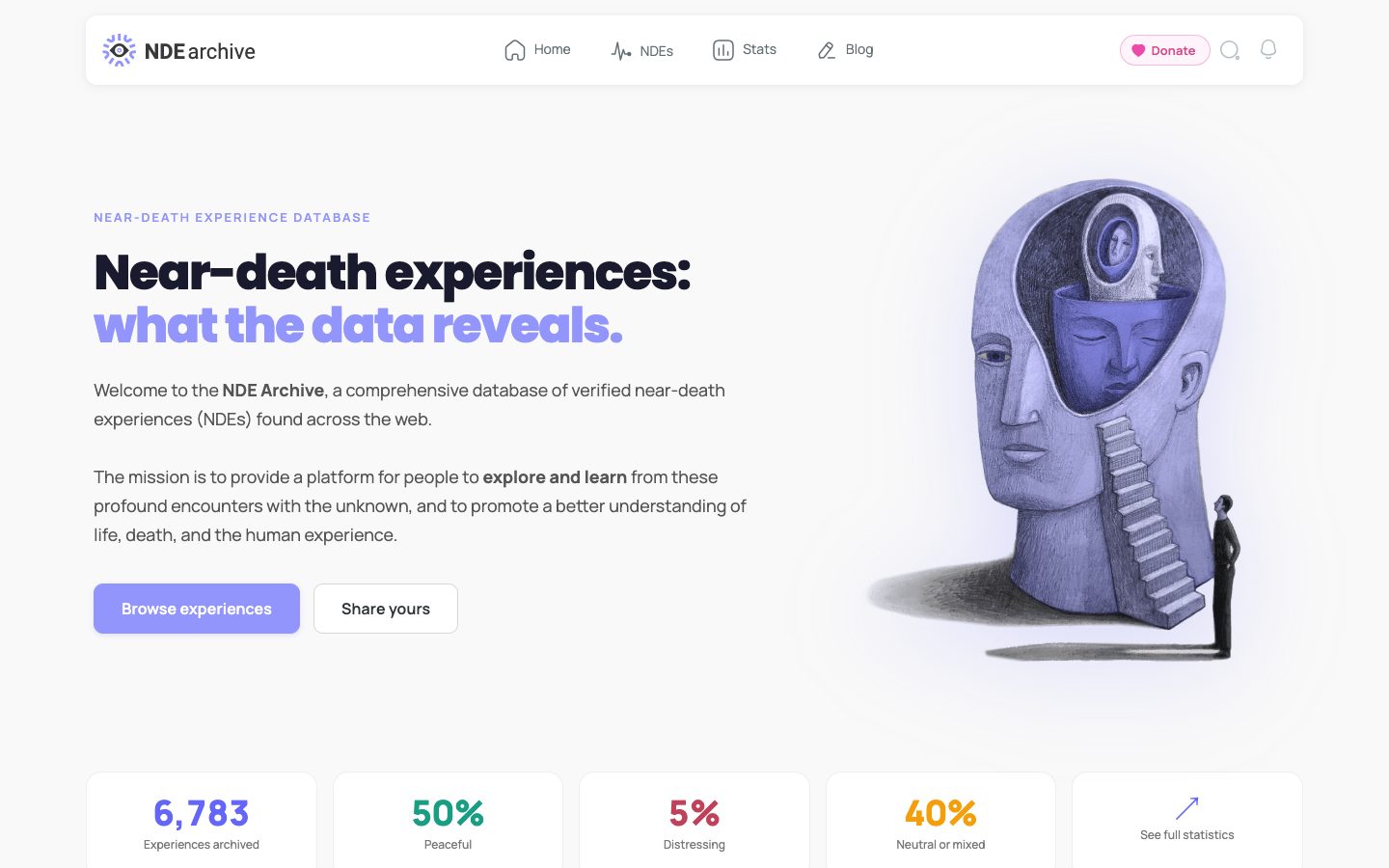 Home page of NDE Archive, a near-death experience database
