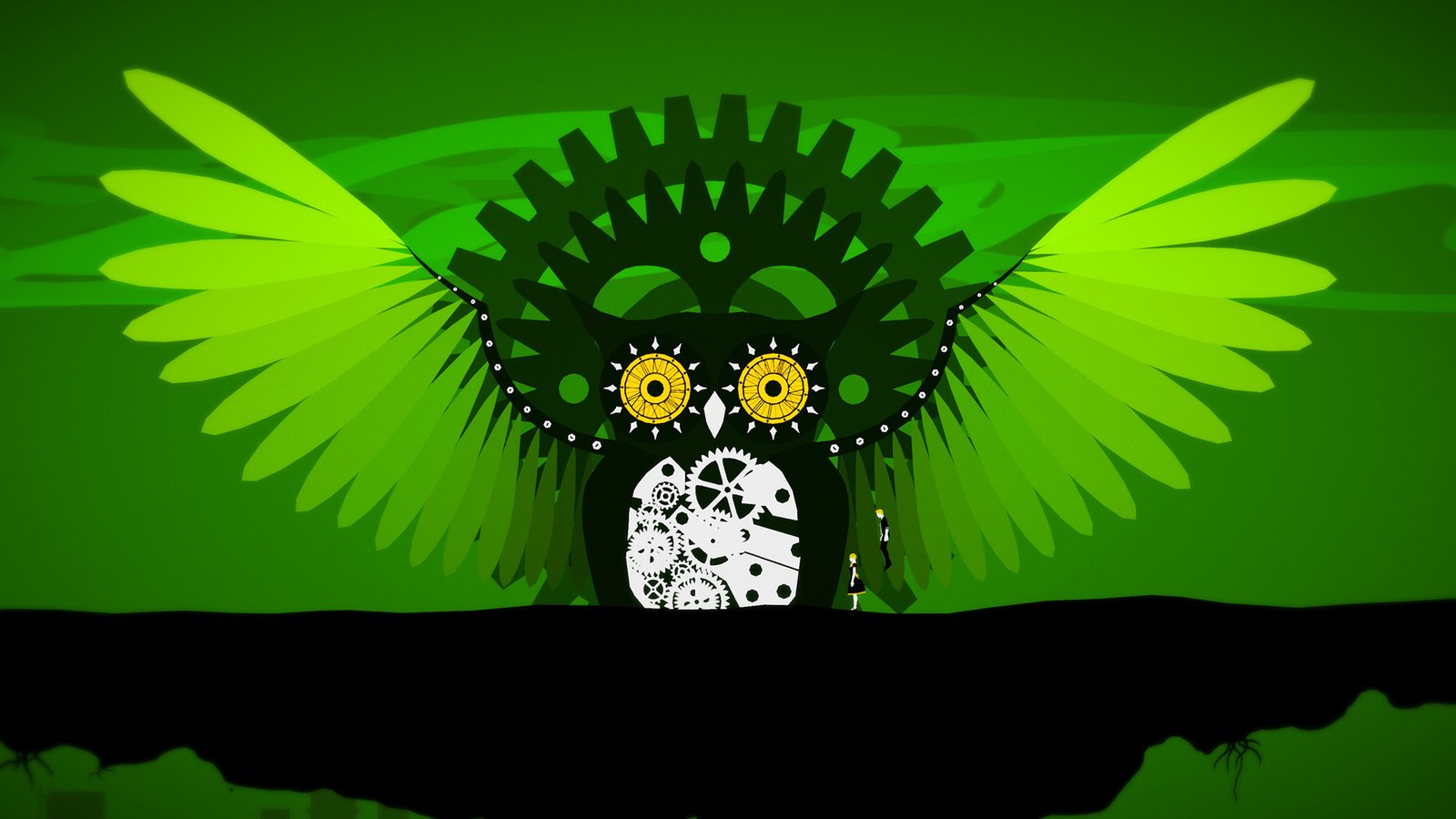 A green owl made of gears watching over the level