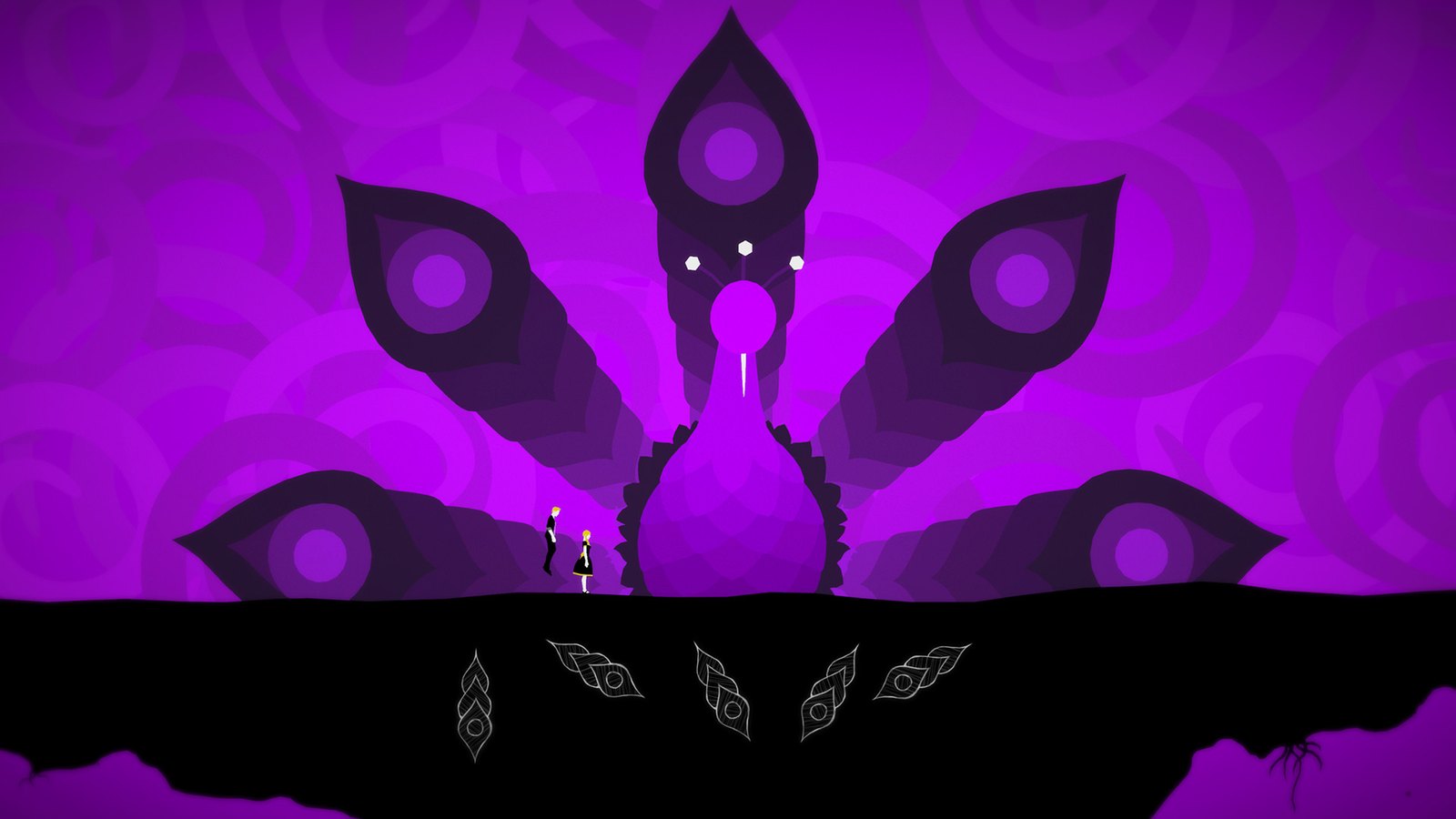 A purple peacock of eyes above two small figures