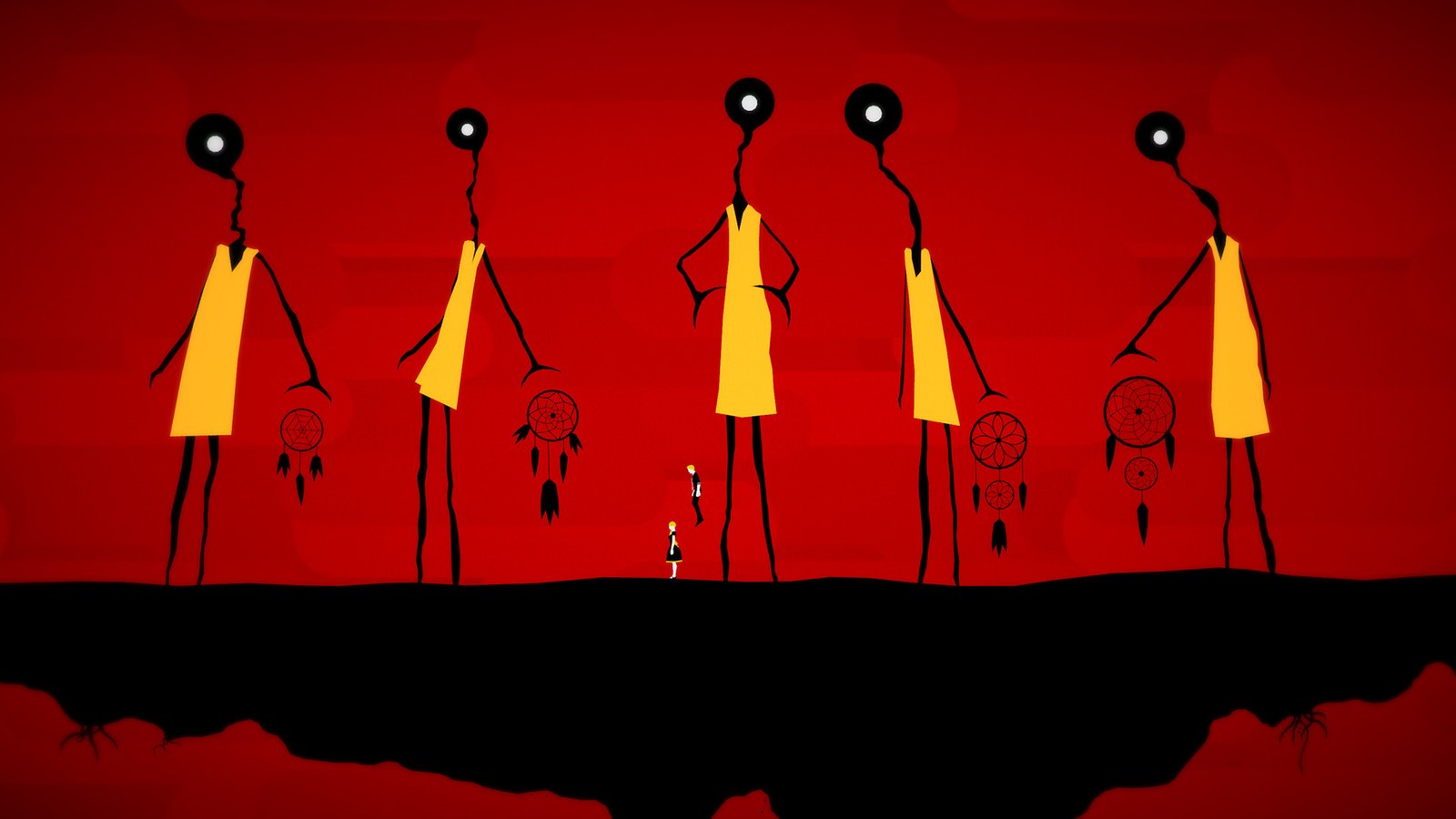 Tall figures with dream catchers on a red background
