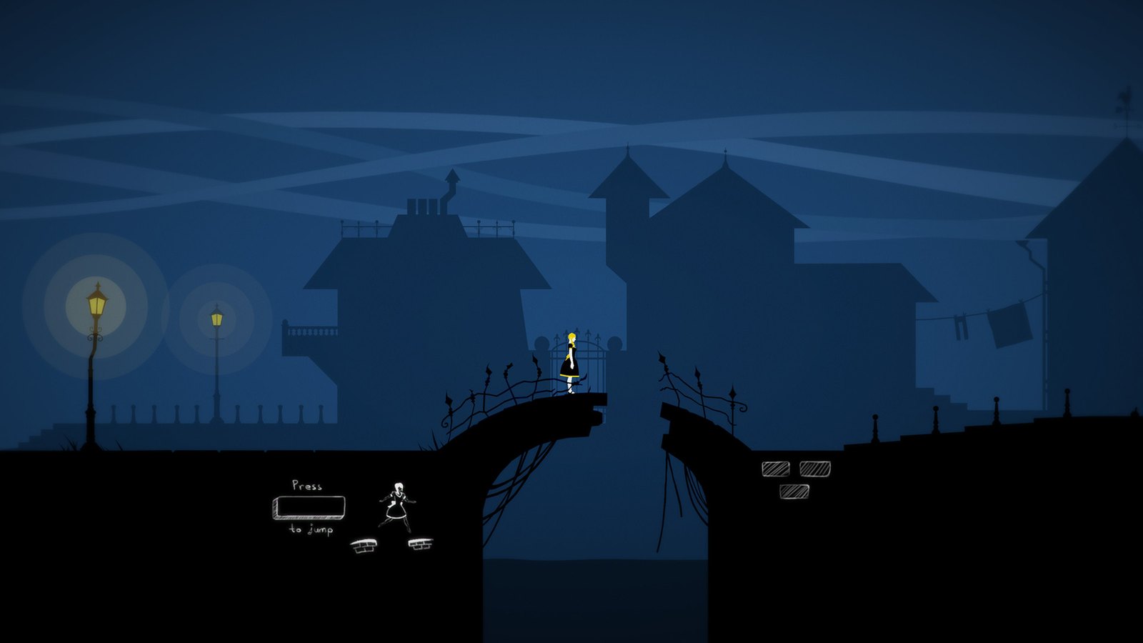 A night scene on a broken bridge outside the town